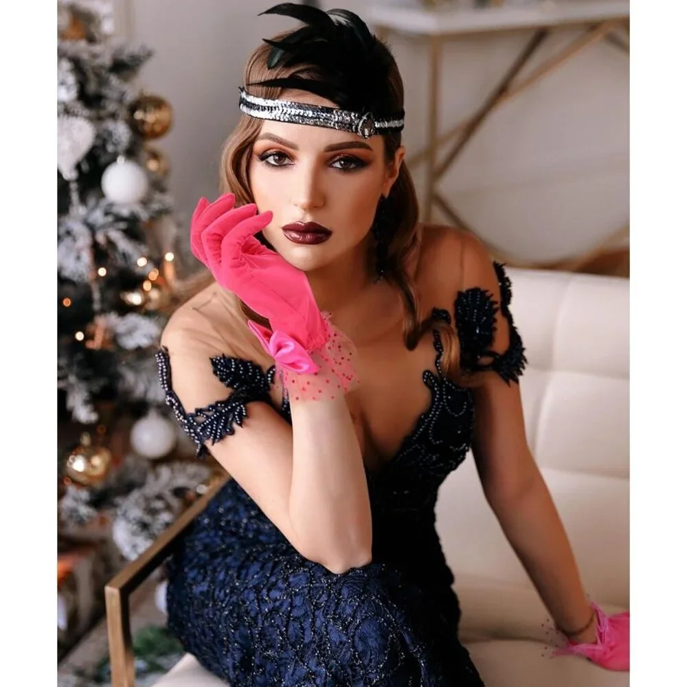 Women's Bow Lace Short Gloves Hot Pink Princess Wedding Evening Accessories
